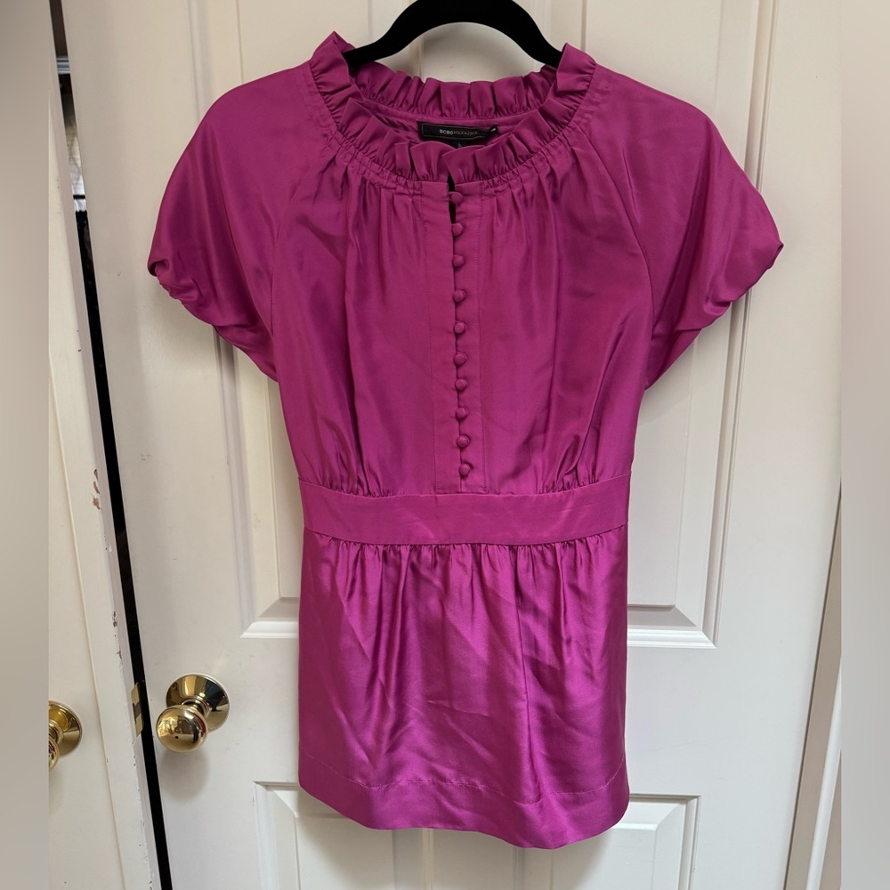BCBG Maxazria Silk Fuschia Ruffled Top